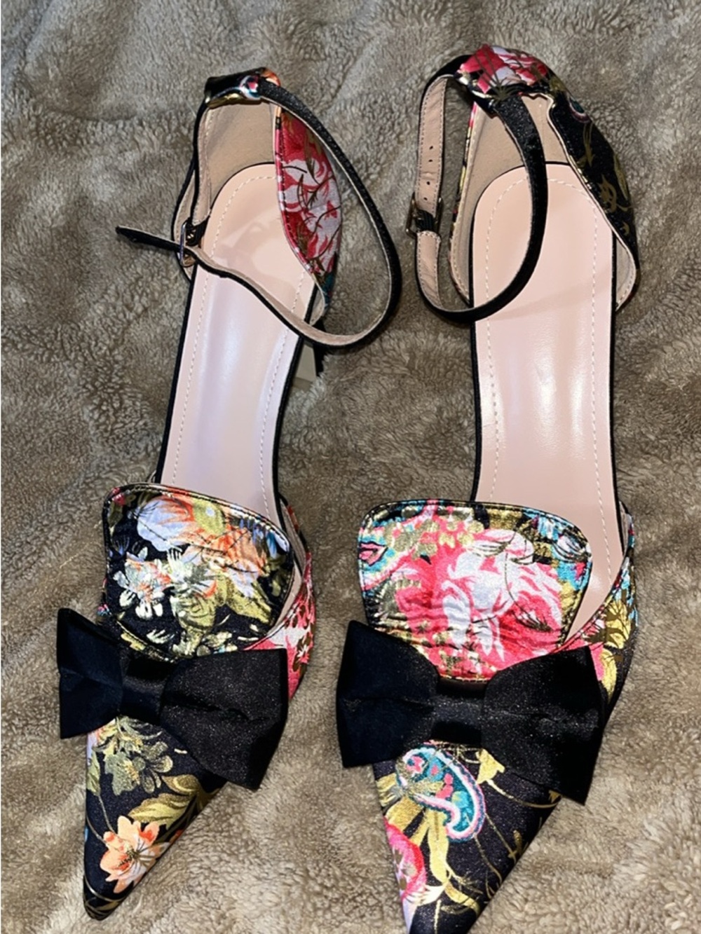 Floral Pointed-Toe Ankle-Strap Heels with Black Bow